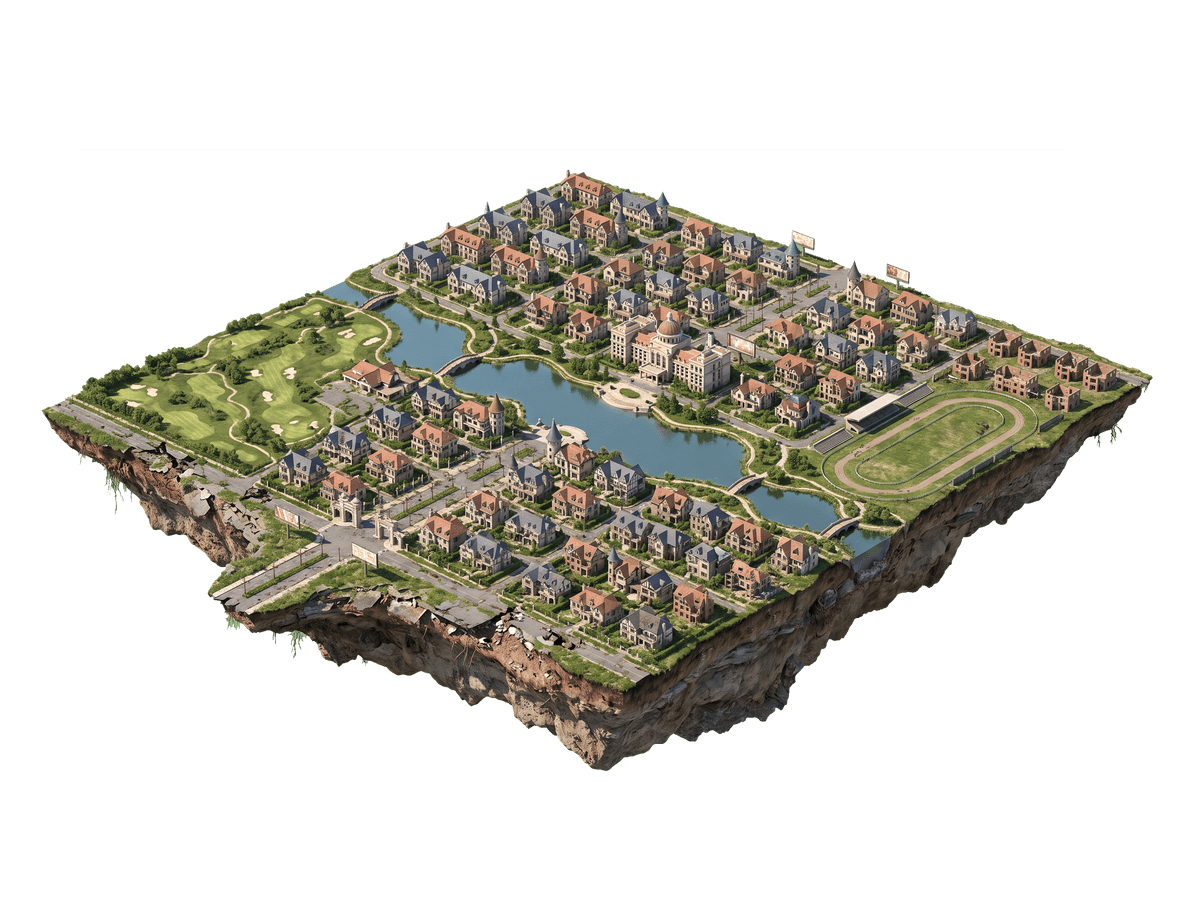 Rows of empty villas, overgrown yards