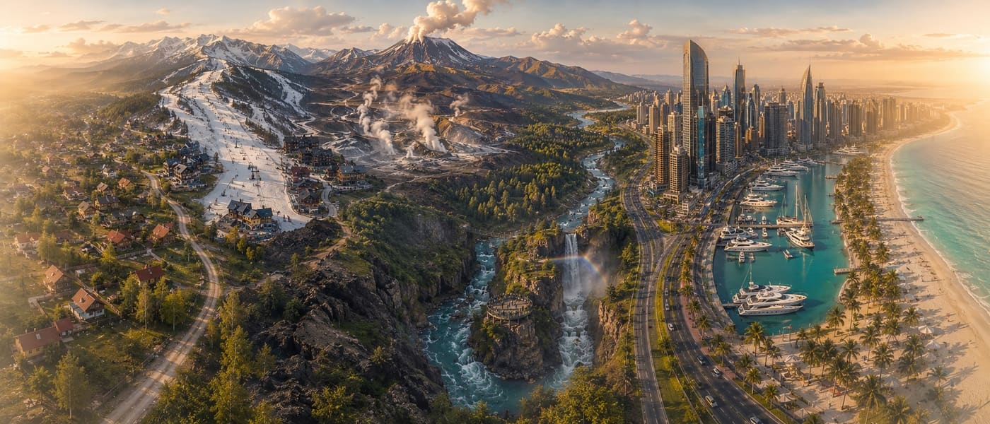 A single continuous landscape blending a village, a ski resort, a volcano, a waterfall, a glass-tower skyline, a marina and a beach — every type of place the method applies to, in one frame.