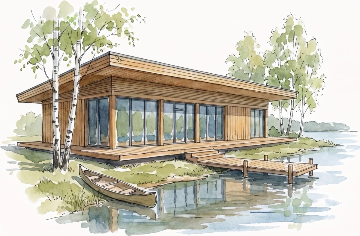 Watercolour drawing of the quiet clubhouse by the water